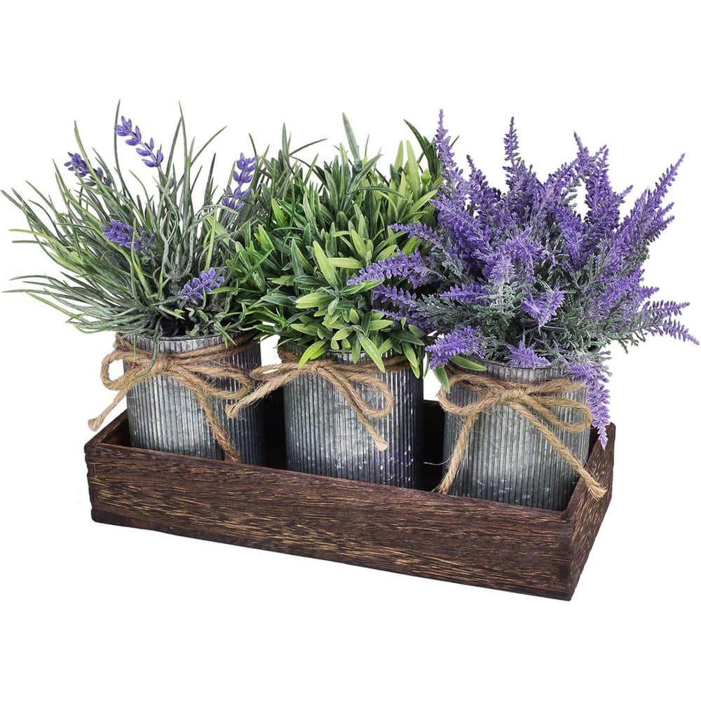 9.1 in. Purple Indoor Artificial Lavender and Grass Plants in Silver Pot Se