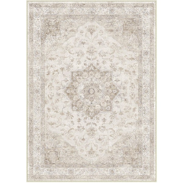 Baykal Taupe 9 ft. x 12 ft. Vintage Washable Medallion Distressed Area Rug