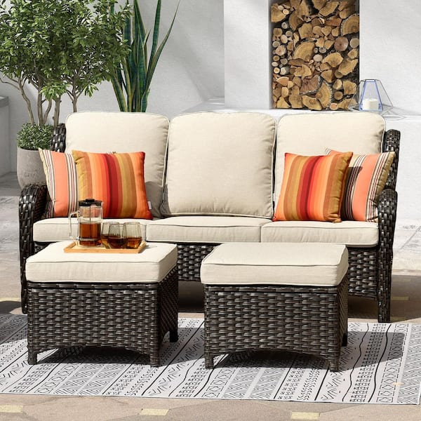 Alps Wicker Outdoor Couch Patio Sofa with Beige Cushions and Ottoman