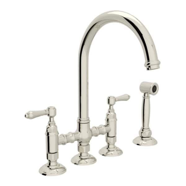 Italian Kitchen 2-Handle Bridge Kitchen Faucet with Sidespray in Polished Nickel