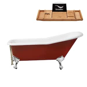 66 in. Cast Iron Clawfoot Non-Whirlpool Bathtub in Glossy Red with Brushed Nickel Drain and Polished Chrome Clawfeet