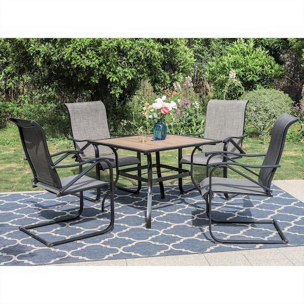 Black 5-Piece Metal Outdoor Patio Dining Set with Wood-Look Square Table and C-Spring Textilene Chairs