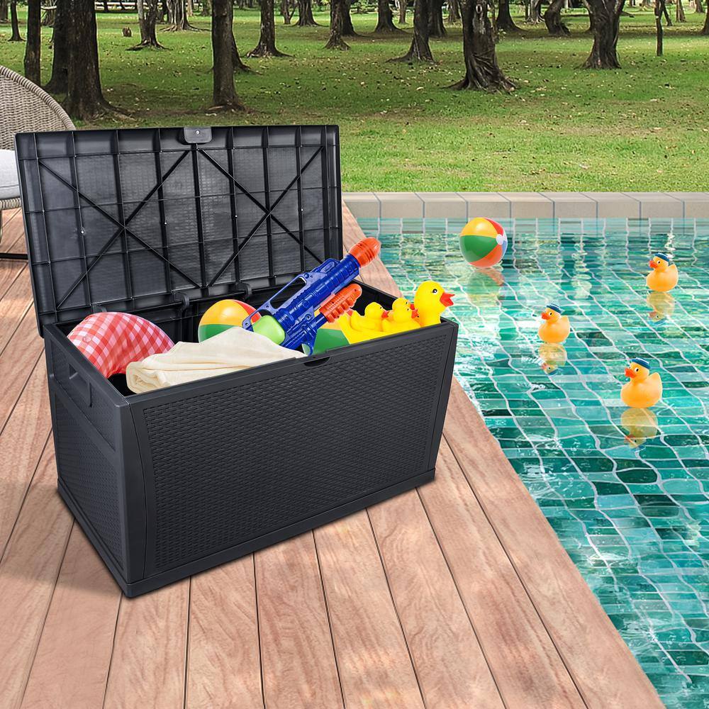Black Plastic Wicker Lockable Deck Box with 120 Gallon Capacity
