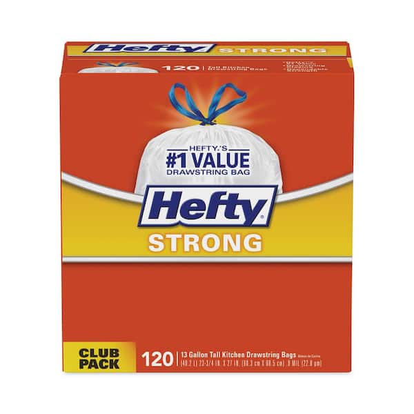 Hefty 34 in. x 48 in. 13 Gal. 0.9 mil White Strong Tall Kitchen Drawstring Trash Bags (90-Box, 3-Boxes/Carton)