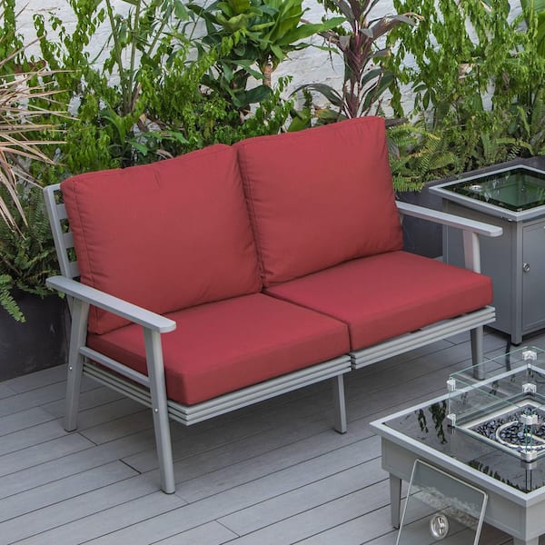 Walbrooke Modern Patio Loveseat with Grey Aluminum Frame and Red Removable Cushions