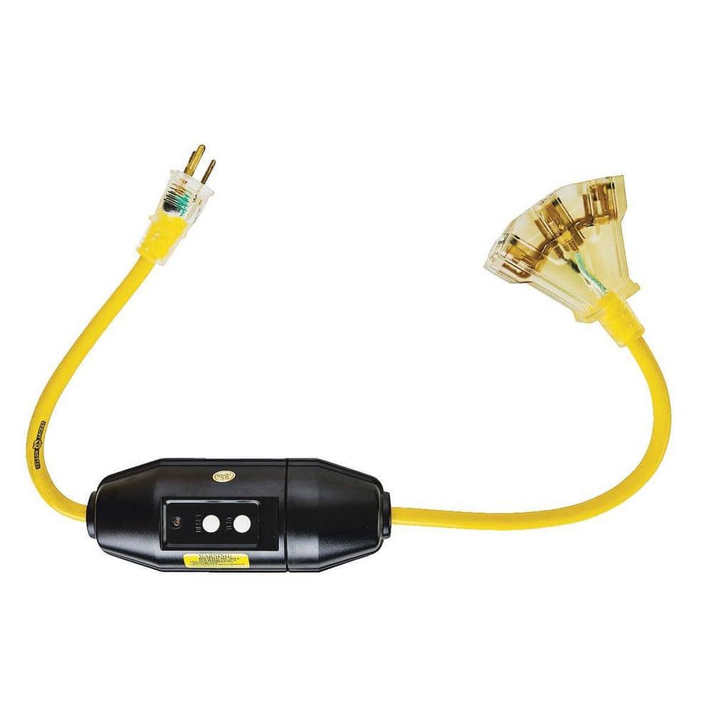 Yellow 2 ft. Triple Outlet Cord with GFCI and Lighted Power Block