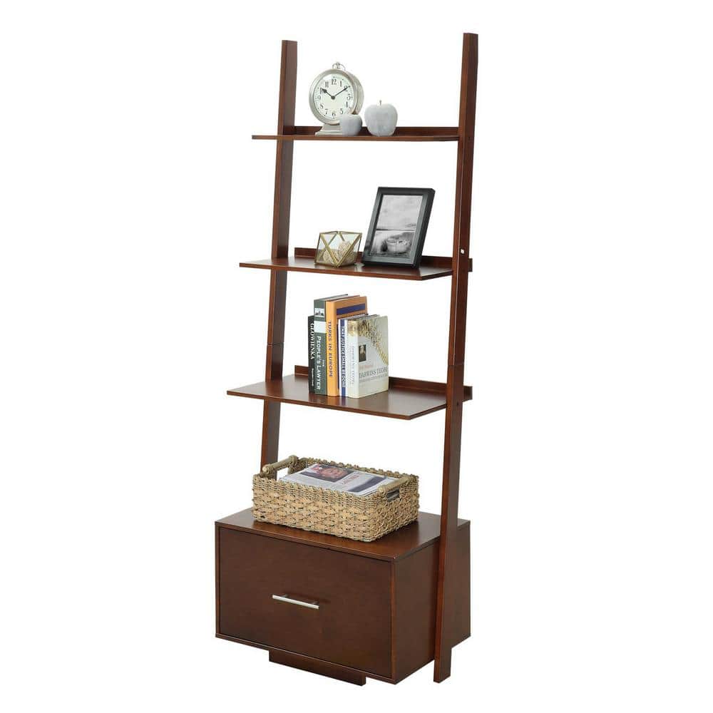 Espresso Ladder Bookcase with Spacious Tiers and File Drawer