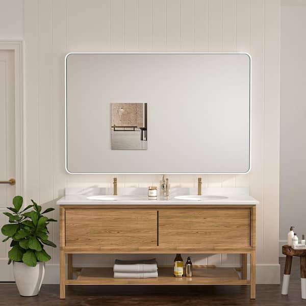 55 in. W x 36 in. H Modern Rectangular Aluminum Framed Wall Bathroom Vanity Mirror in White