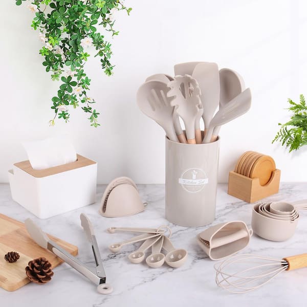 24-Piece Kitchen Cooking Utensils Set with Wooden Handles, Non-Stick Silicone, Heat Resistant, Includes Holder, Khaki