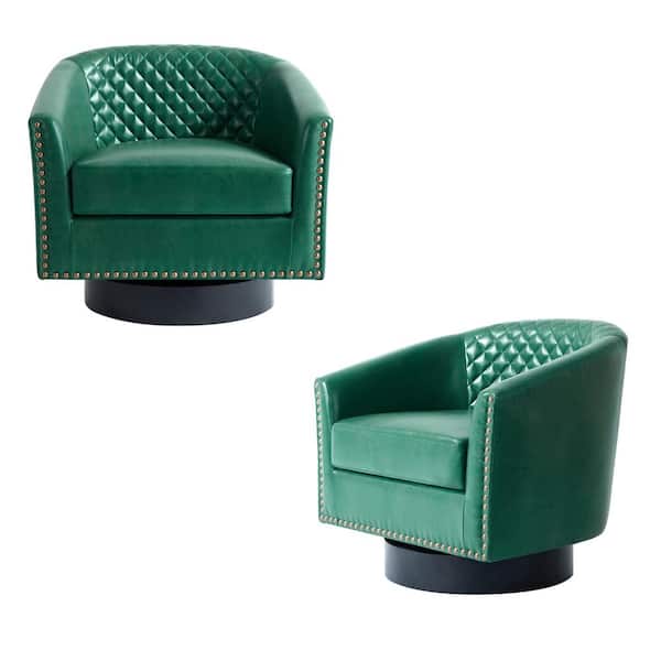 Mid-Century Green PU Leather 360° Swivel Accent Arm Chair with Nailhead Trim (Set of 2)