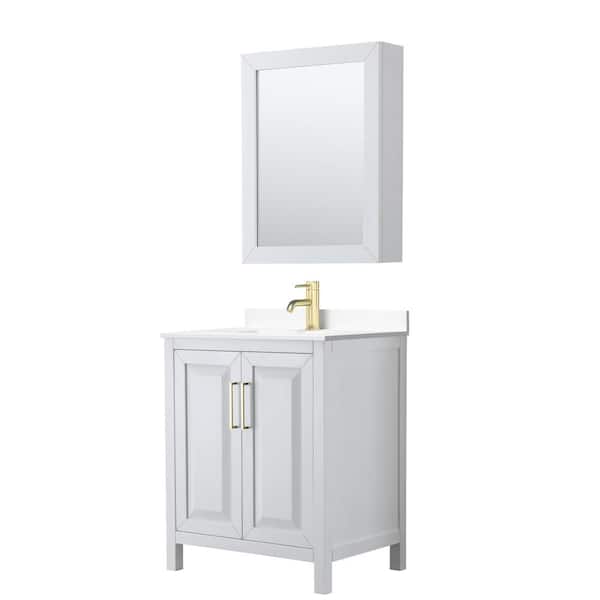 Wyndham Collection Daria 30 in. W x 22 in. D x 35.75 in. H Single Sink Bath Vanity in White with White Cult. Marble Top and MedCab Mirror