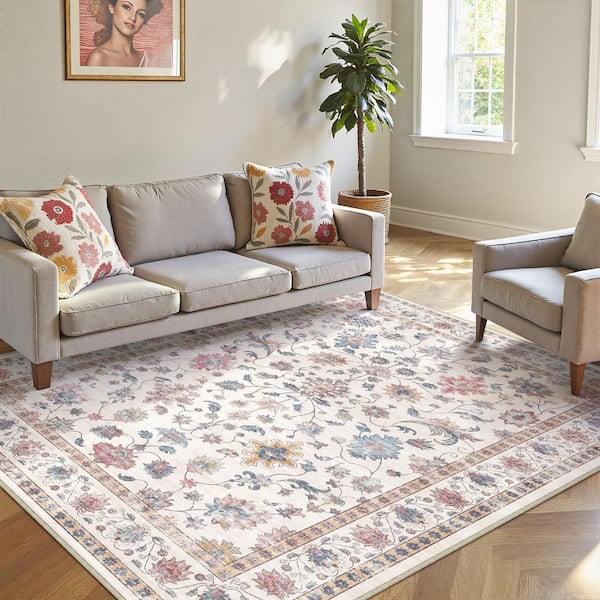 Mystery Garden Beige 5 ft. x 7 ft. Distressed Vintage Floral Washable Area Rug