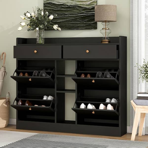 Unbranded 50.7 in. W x 9.4 in. D x 42.5 in. H Black Wood Linen Cabinet with Flip Drawers and Adjustable Shelf