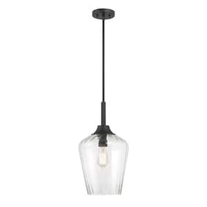 Carlton 11 in. W x 20 in. H 1-Light Matte Black Statement Pendant Light with Clear Ribbed Glass Shade