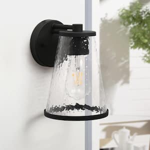 Modern Black Outdoor Wall Lantern Sconce with Cone Textured Glass Shade, Industrial Wall Mount Fixture, LED Compatible