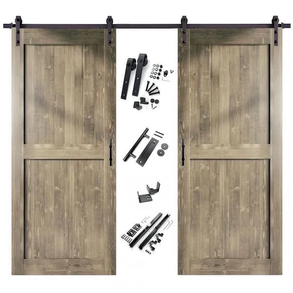 HOMACER 48 in. x 84 in. H-Frame Classic Gray Double Pine Wood Interior Sliding Barn Door with Hardware Kit, Non-Bypass