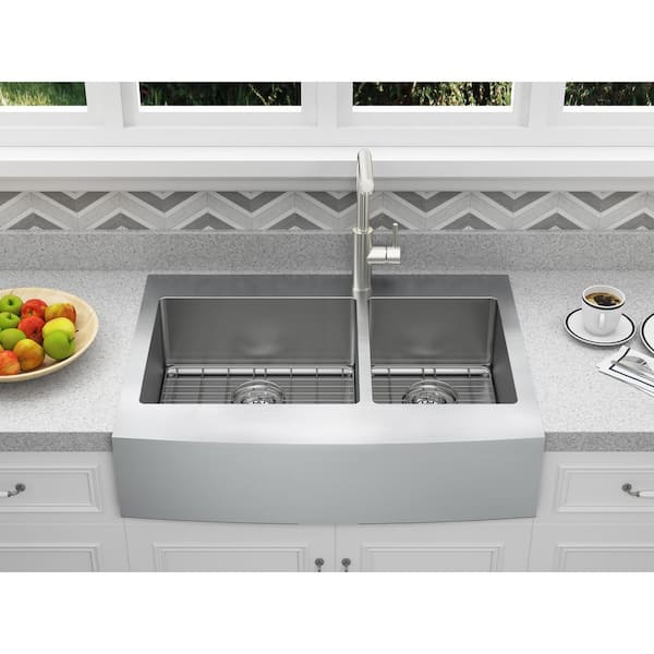 Brimley Retrofit Dual Mount Stainless Steel 33 in. 1-Hole 60/40 Double Bowl Curved Farmhouse Apron Front Kitchen Sink Brimley Retrofit Dual Mount Stainless Steel 33 in. 1-Hole 60/40 Double Bowl Curved Farmhouse Apron Front Kitchen Sink