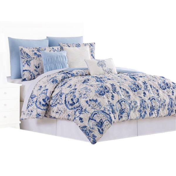 THE URBAN PORT Corfu 8-Piece White and Blue Floral Microfiber Queen Comforter Set