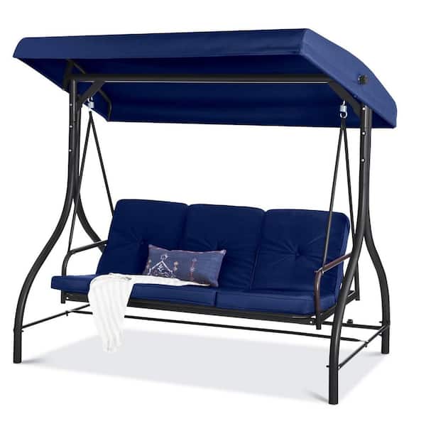 75 in. 3 Person Black Metal Patio Swing with Navy Cushions
