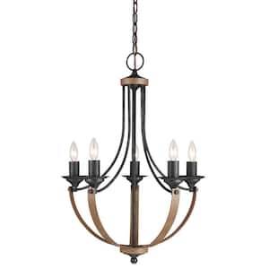 Corbeille 5-Light Weathered Gray and Distressed Oak Contemporary Farmhouse Hanging Empire Candlestick Chandelier