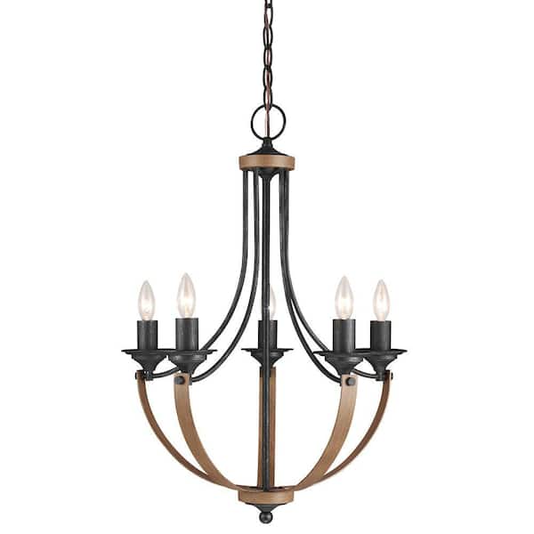 Generation Lighting Corbeille 5-Light Weathered Gray and Distressed Oak Contemporary Farmhouse Hanging Empire Candlestick Chandelier