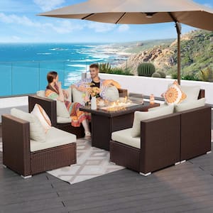 Large 7-Piece Espresso Wicker Patio Conversation Set Deep Sectional Seating Set Beige Cushions and with Fire Pit Table
