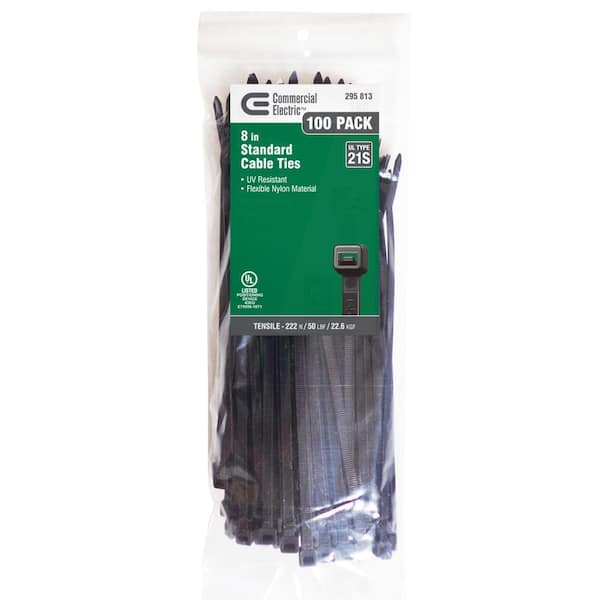 Commercial Electric 8 in. UV Cable Tie, Black (100-Pack)