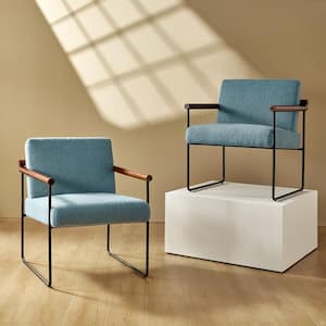 Juan Blue Modern Sherpa Arm Chair with Metal Base and Solid Wood Arm and Back Set of 2