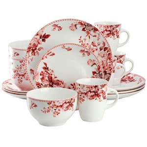 Traditional Rose 16 Piece Red Stoneware Dinnerware Set, Service For 4