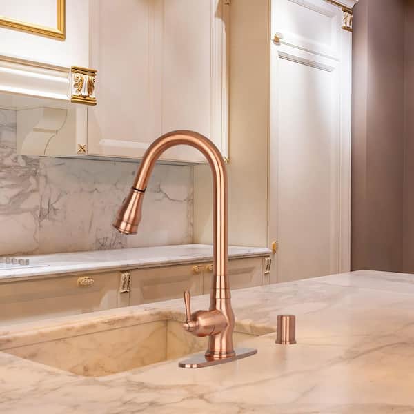 Single-Handle Pull-Down Sprayer Kitchen Faucet with Deck Plate in Copper