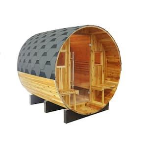 Oasis 2-4 Person Cedar Indoor or Outdoor Wet/Dry Barrel Sauna with Canopy, Shingled Roof and 6kW Harvia Electric Heater