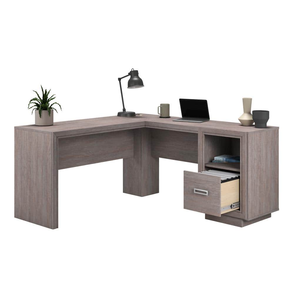 Gray Ashen Oak L-Shaped Computer Desk with Drawer and Filing Cabinet