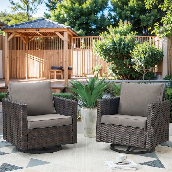 Gymojoy Valenta 2-Person Patio Swivel Chair Brown Wicker Outdoor Glider with Gray Cushions
