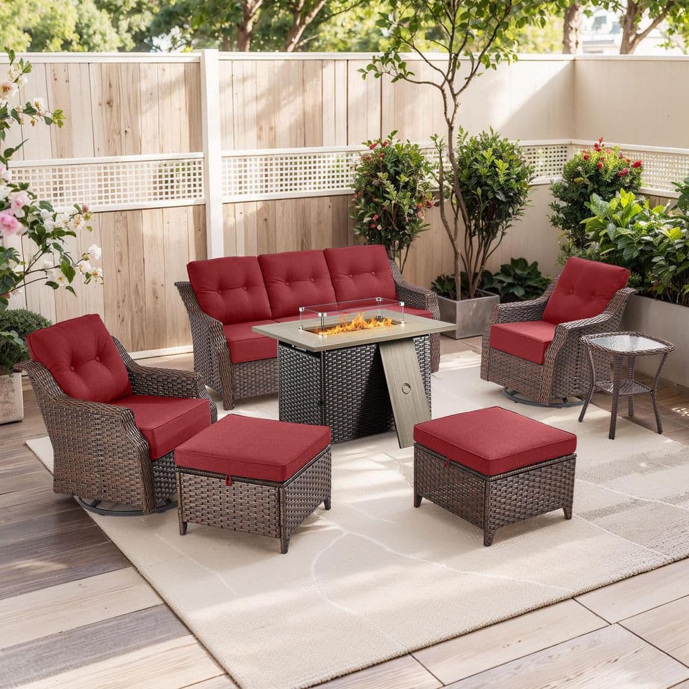 Henn 7-Piece Wicker Outdoor Fire Pit Patio Conversation Sofa Set with Red Cushions and Swivel Rocking Chairs price history on PriceWatchPro