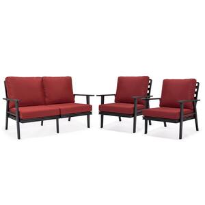 Walbrooke Black 3-Piece Aluminum Outdoor Loveseat and Set of 2 Armchairs with Removable Cushions, Red
