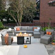 Morag Gray 10-Piece Wicker Outerdoor Patio More Storage Space Fire Pit Sectional Seating Set with Dark Gray Cushions