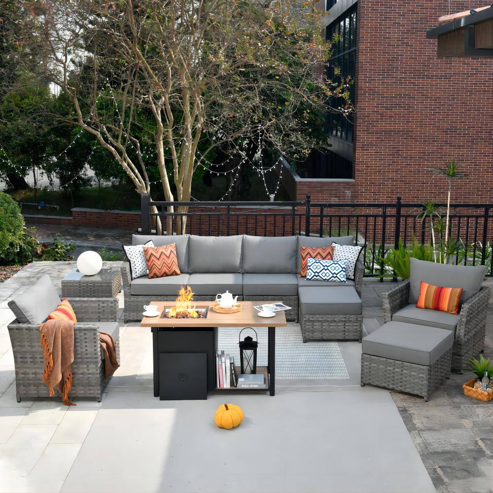 Morag Gray 10-Piece Wicker Outerdoor Patio More Storage Space Fire Pit Sectional Seating Set with Dark Gray Cushions price history on PriceWatchPro