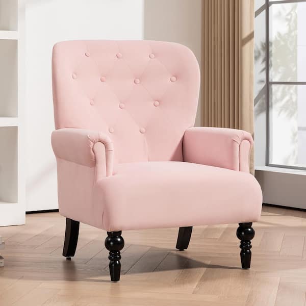 JEAREY Lola Modern Upholstered Velvet Pink Accent Armchair with Extra Large Back and Wood Leg for Living Room Bedroom