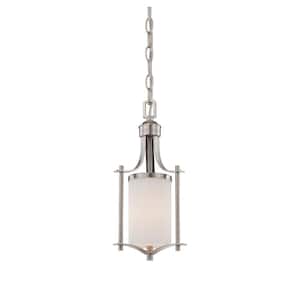 Colton 6.5 in. W x 14.5 in. H 1-Light Satin Nickel Mini-Pendant Light with Frosted Glass Shade