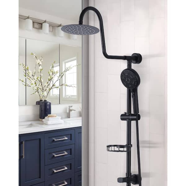 7-Spray 8 in. 1.8GPM Elegant Double Shower Head and Handheld Shower Head with Adjustable Soap Bracket in Matte Black