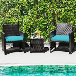 3-Piece Patio Wicker Furniture Set Storage Table with Protect Cover Turquoise