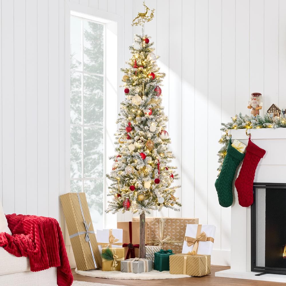 6ft Pre-Lit Snow Flocked Slim Pencil Alpine Christmas Tree with LED Lights and Metal Stand