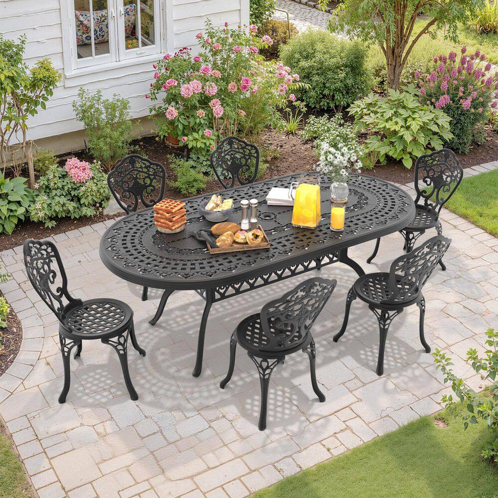 Black 7-Piece Cast Aluminum Patio Outdoor Dining Set with Oval