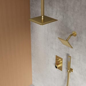 Thermostatic 7-Spray 12 in. Ceiling Mount Dual Shower Head and Handheld Shower 2.5 GPM in Brushed Gold (Valve Included)