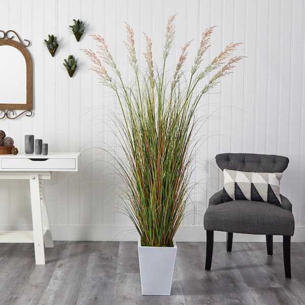 Nearly Natural 74 in. Grass Artificial Plant in White Metal Planter