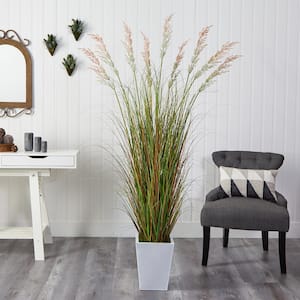 74 in. Grass Artificial Plant in White Metal Planter