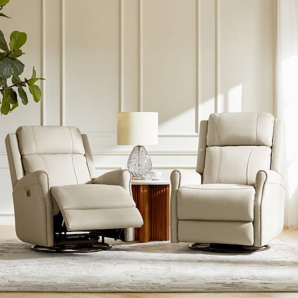 Javier Beige 29.25 in. W Mid-century Modern Leather Swivel Rocker Power Recliner (Set of 2)