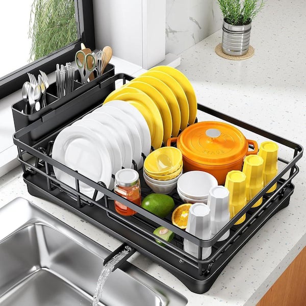 Black Kitchen Counter Dish Rack Large Capacity Drainer with Drainboard Utensil Holder Rustproof Easy Install