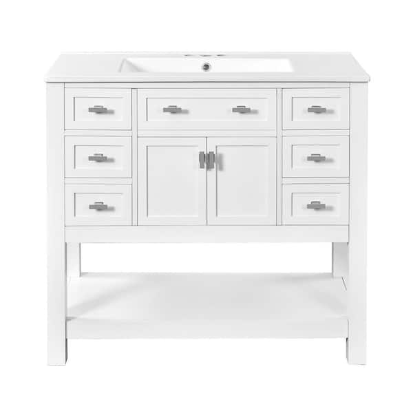 Virubi 36 in. W Single Sink Bath Vanity in White with White Ceramic Top, 6-Drawers and Open Shelf