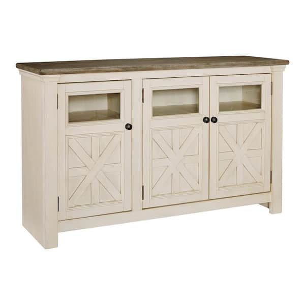 Benjara 59.5 in. Brown and White Wood TV Stand Fits TVs up to 58" in. with 4 Shelves